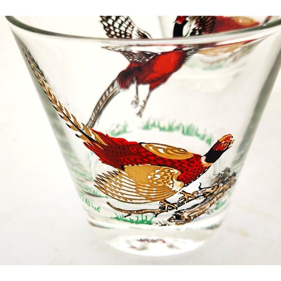 GLASSES/OLD FASHION/Vintage Pheasant-MCM-Hunting Barware-Red Gold-Set of 4 - Picture 4 of 14